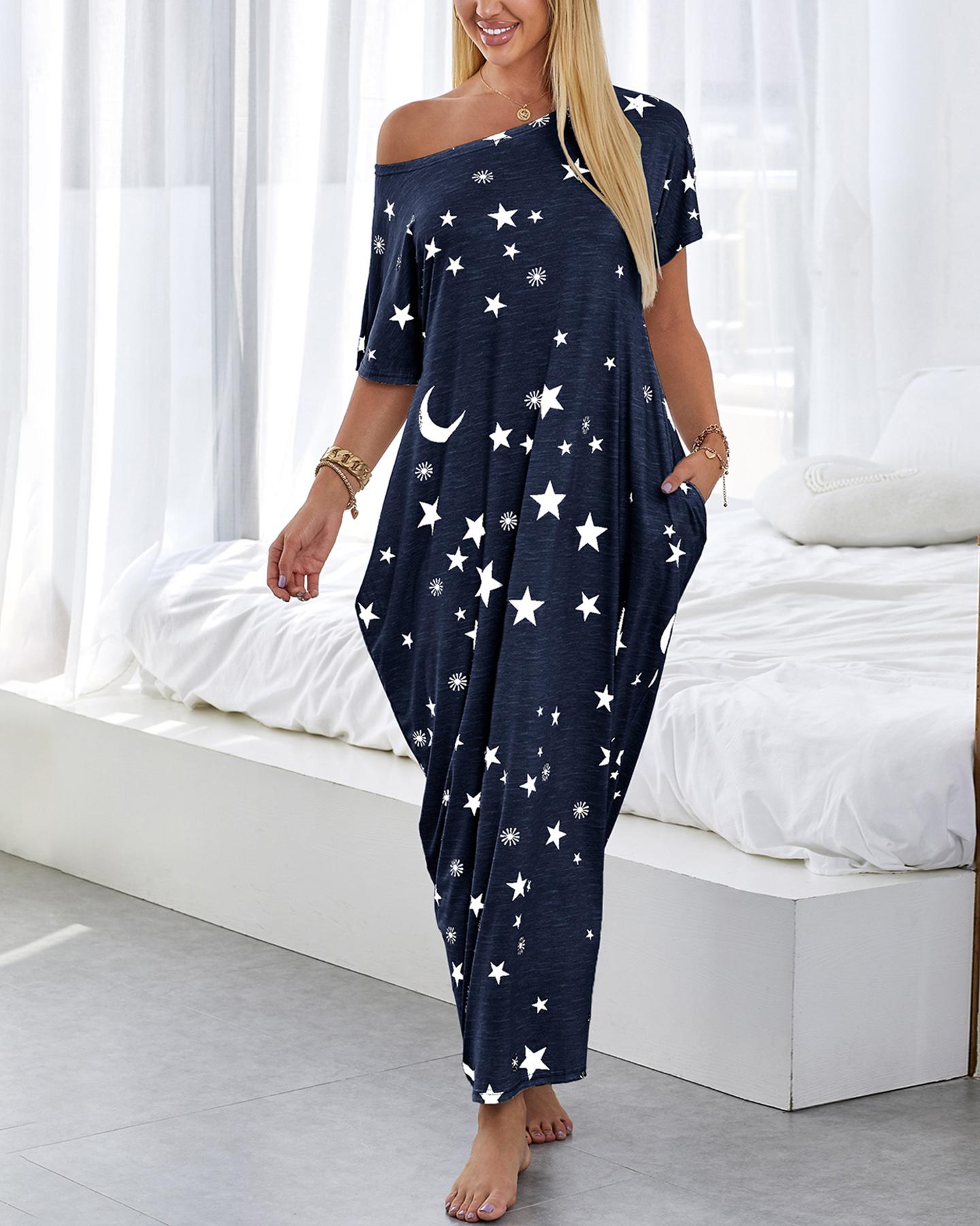

Short Sleeve Stars Print Casual Dress, Purplish blue