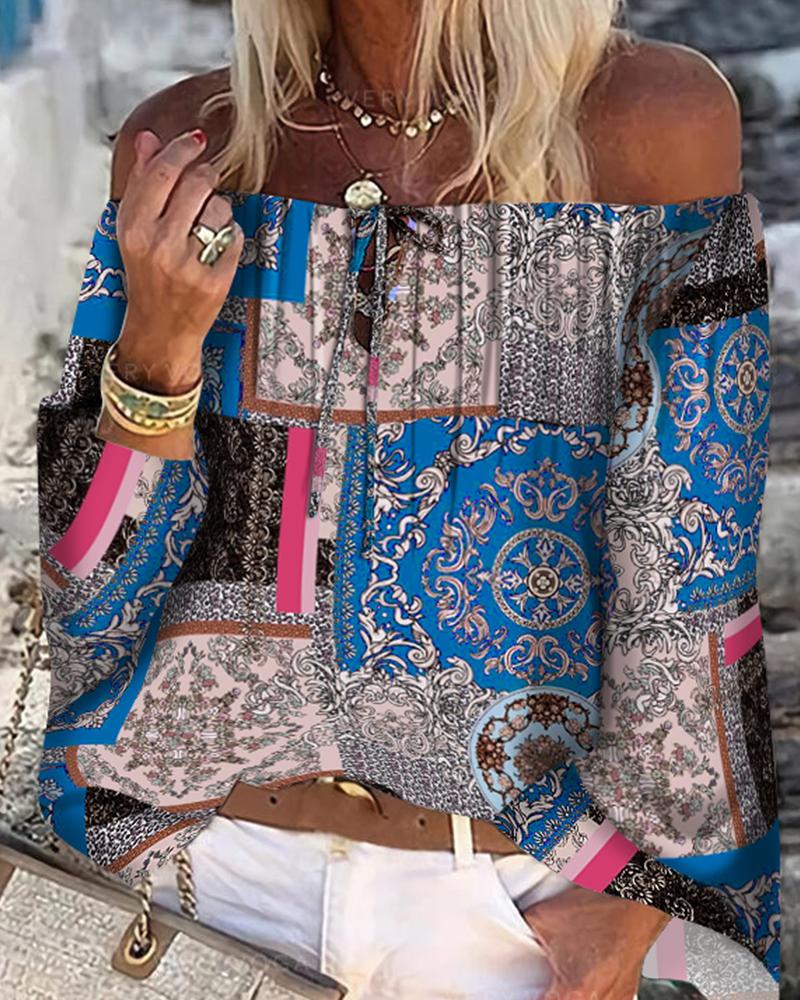 

Folk Print Off Shoulder Lace Up Top, Multicolor