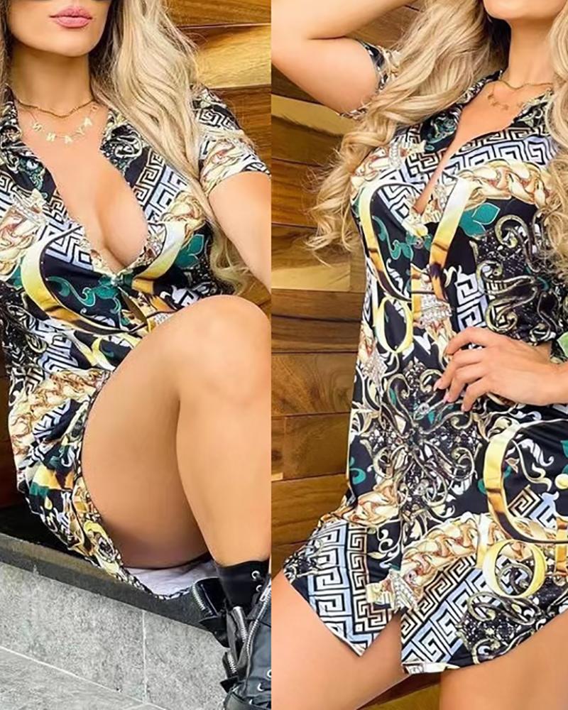 

Scarf Print Button Design Short Sleeve Shirt Dress, Black