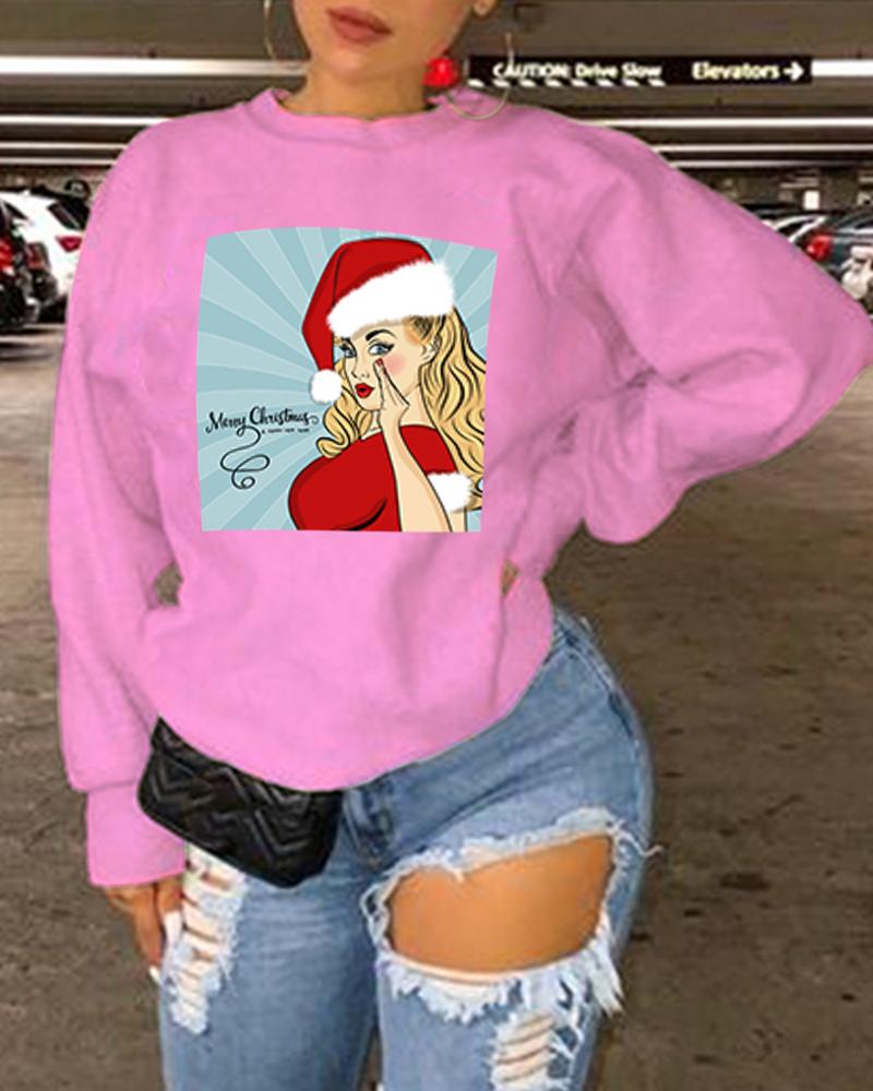 

Plus Size Graphic Print Lantern Sleeve Sweatshirt, Pink