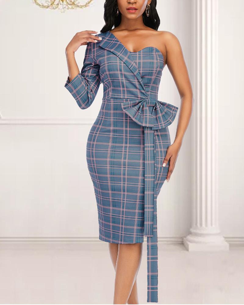 

Plaid One Shoulder Bowknot Decor Zipper Open Back Asymmetrical Midi Dress, Blue
