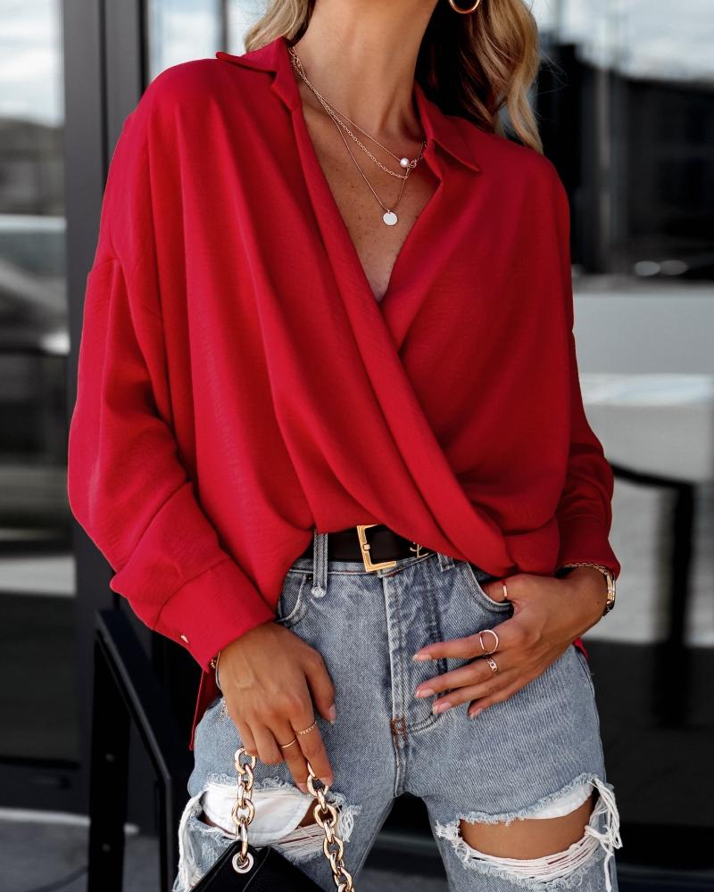

Plain Long Sleeve Wrap Shirt, Red