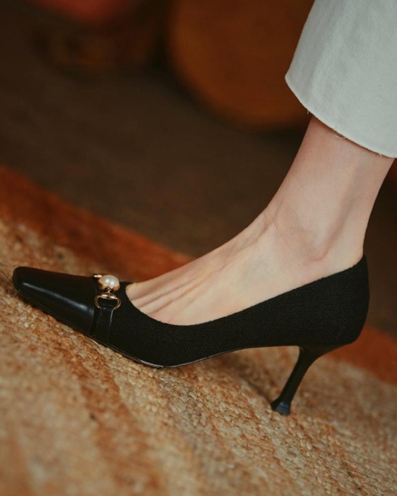 

Beaded Metal Buckled Square Toe Pyramid Heels, Black