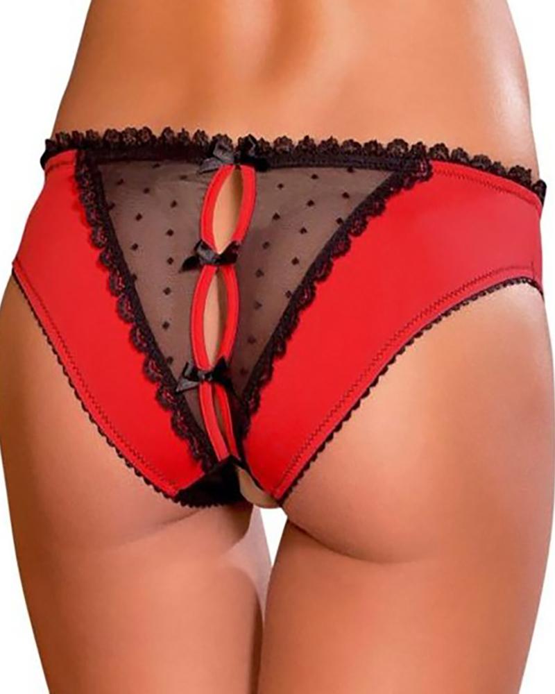 

Dot Mesh Cutout Bowknot Lace Trim Panty, Red
