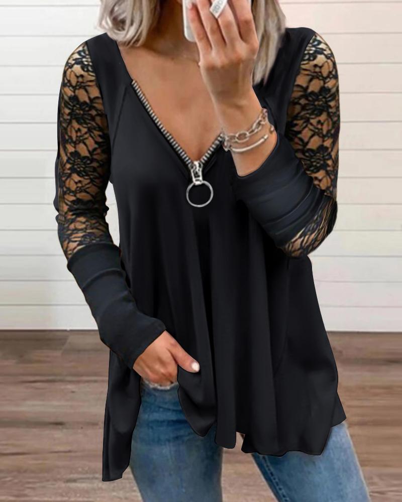 

Contrast Crochet Lace Long Sleeve Zip Front Top, Black