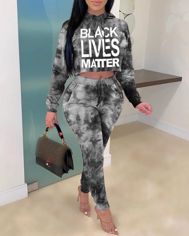 

Letter Tie Dye Print Hooded Top & Drawstring Pants Set, Gray