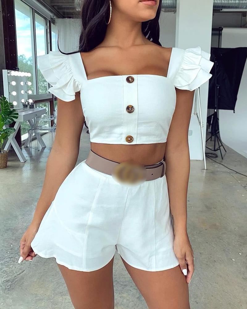 

Button Decor Flutter Sleeve Crop Top & Shorts Set, White