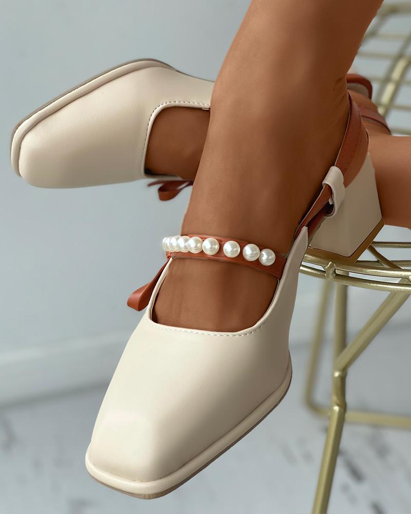 

Beaded Strap Bowknot Decor Square Toe Chunky Heels, Brown