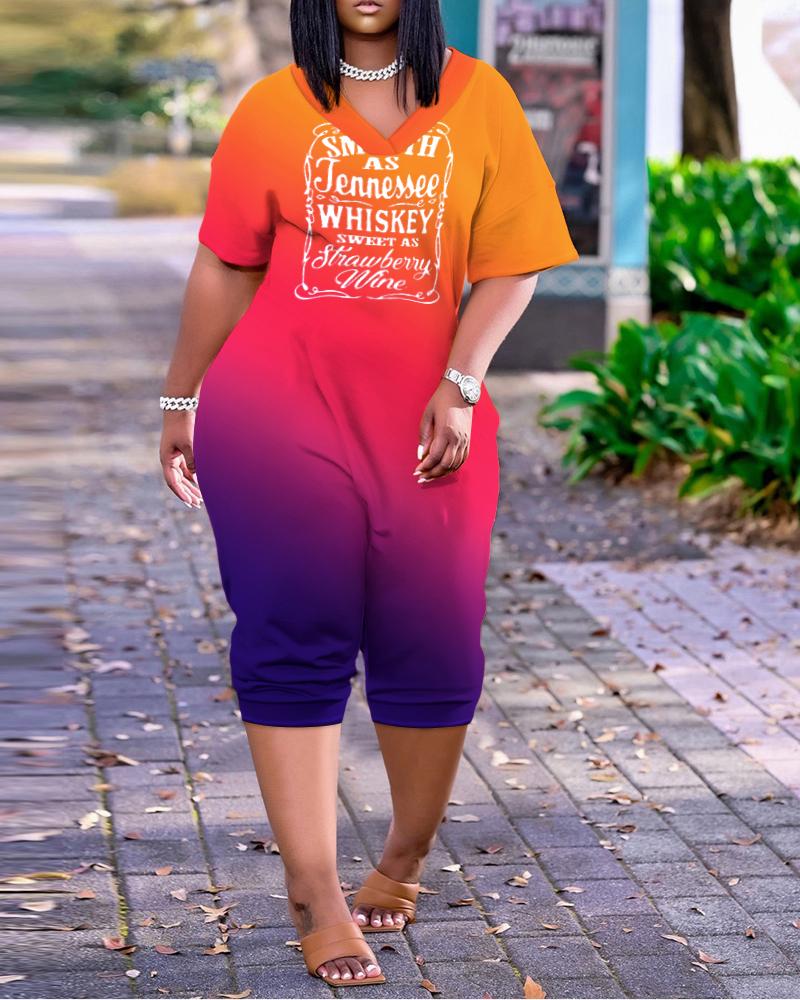 

Plus Size Smooth As Tennessee Whiskey Sweet As Strawberry Wine Print Ombre Short Sleeve Jumpsuit, Multicolor
