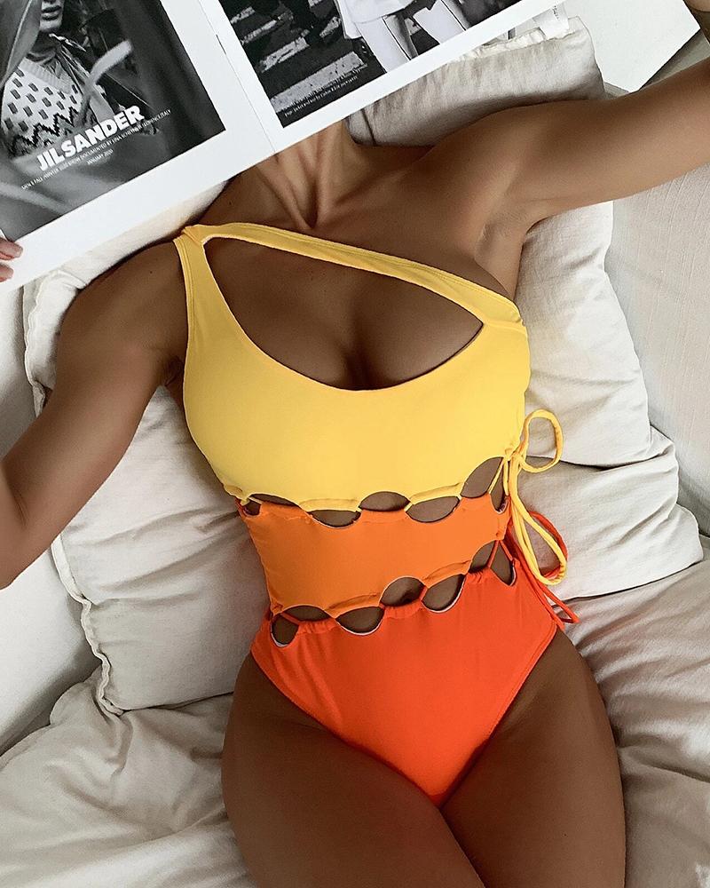 

Colorblock Lace-up One Shoulder One Piece Swimsuit, Orange