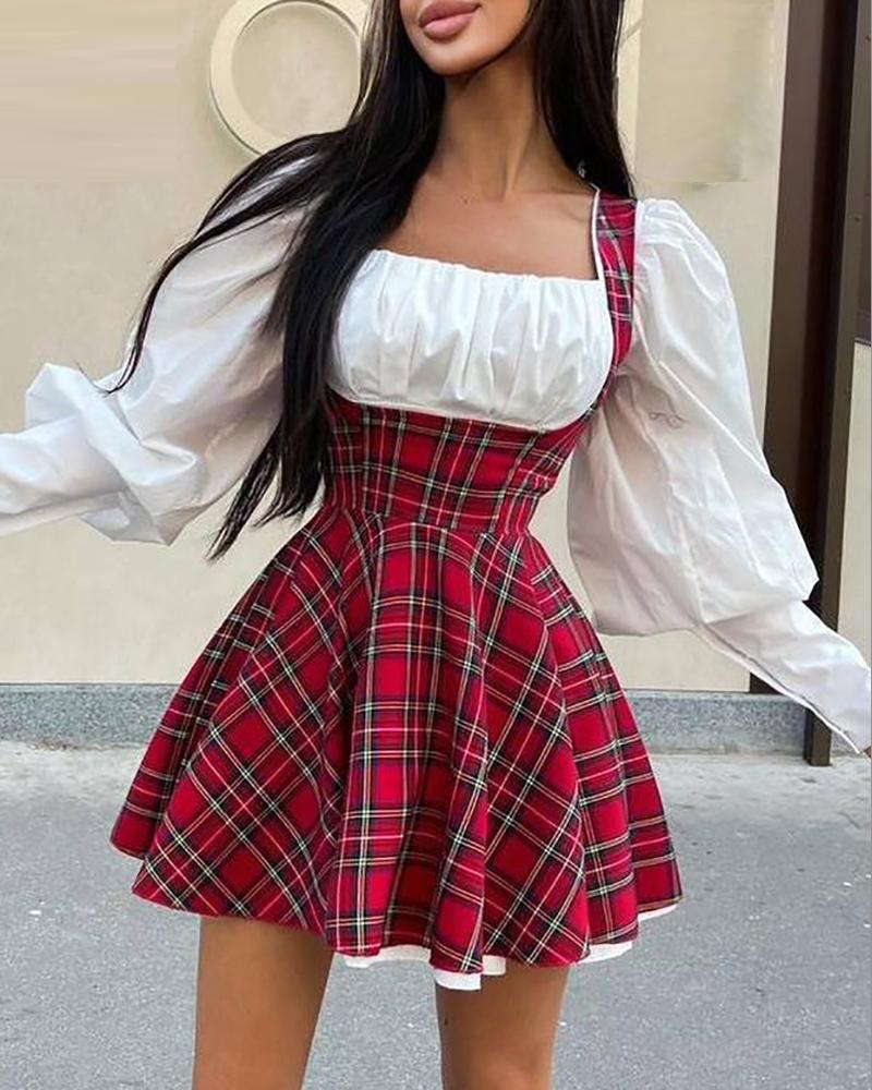 

Plaid Print Colorblock Ruched Casual Suspender Dress, Red