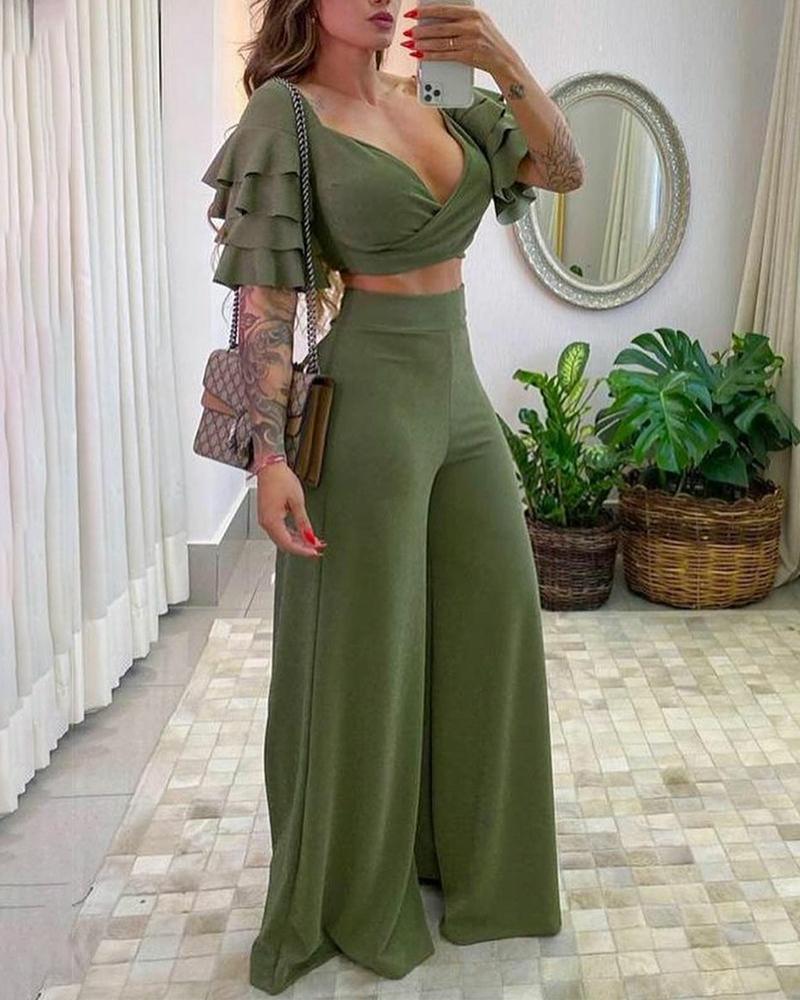 

Solid Color Ruffle Hem Half Sleeve Cropped Top With Wide Leg Pants Suit Sets, Green
