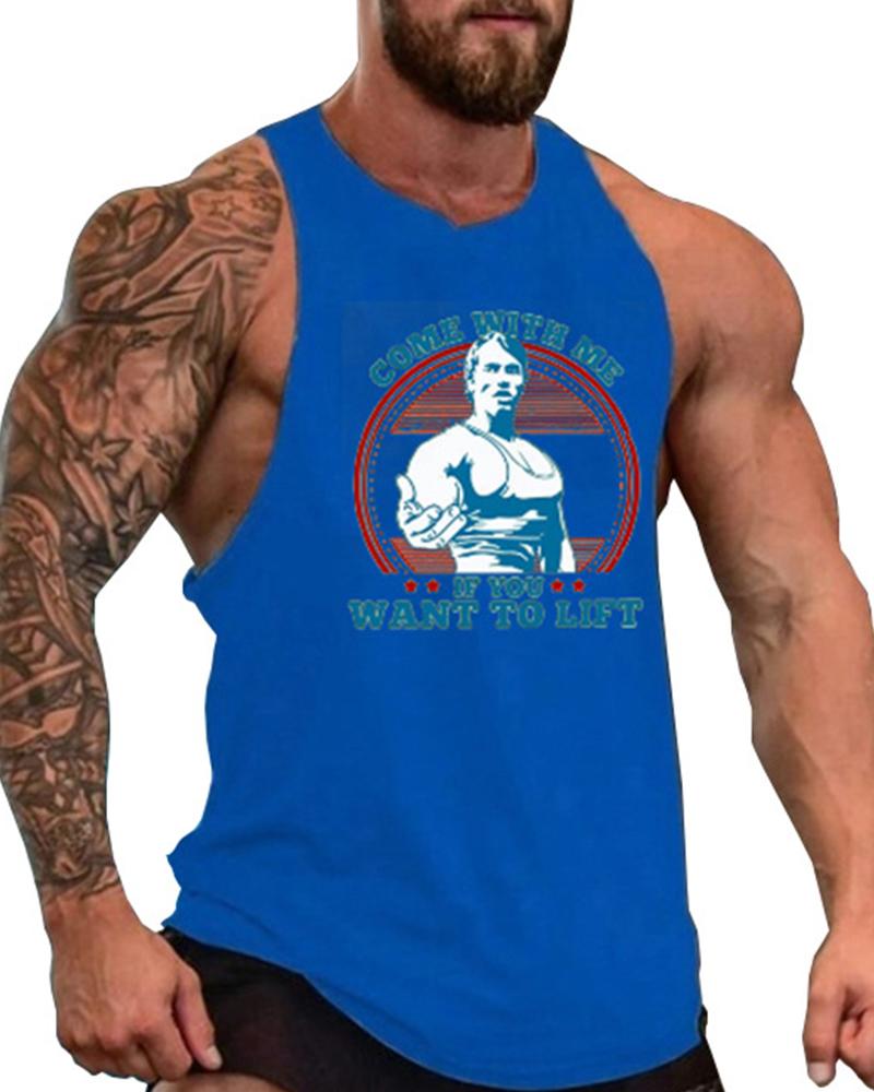 

Figure Print Sleeveless Sport Tank, Blue