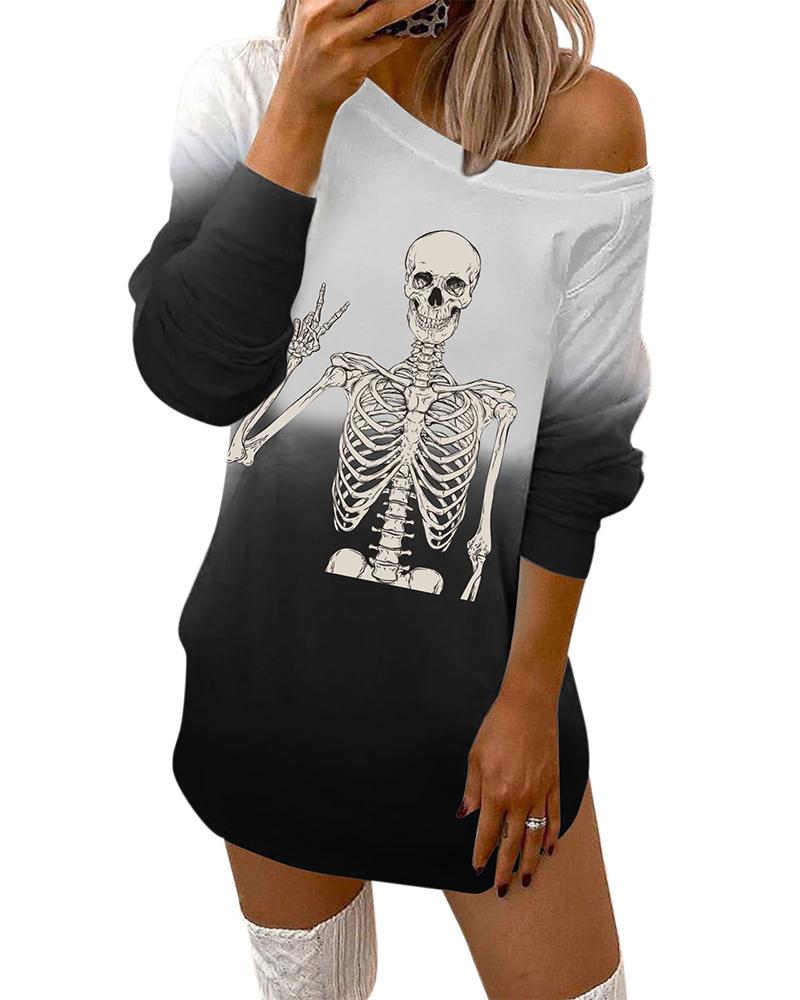 

Halloween Skeleton Print Colorblock Sweatshirt Casual Dress, Black