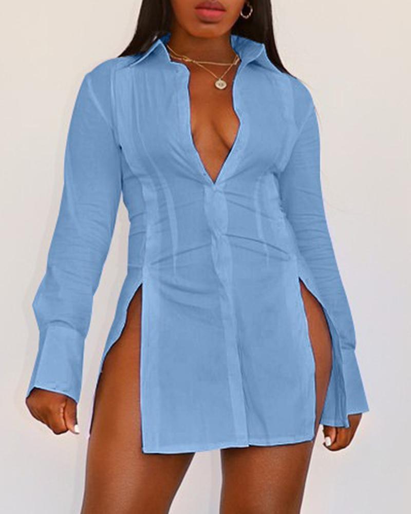 

Slit Buttoned Long Sleeve Shirt Dress, Blue