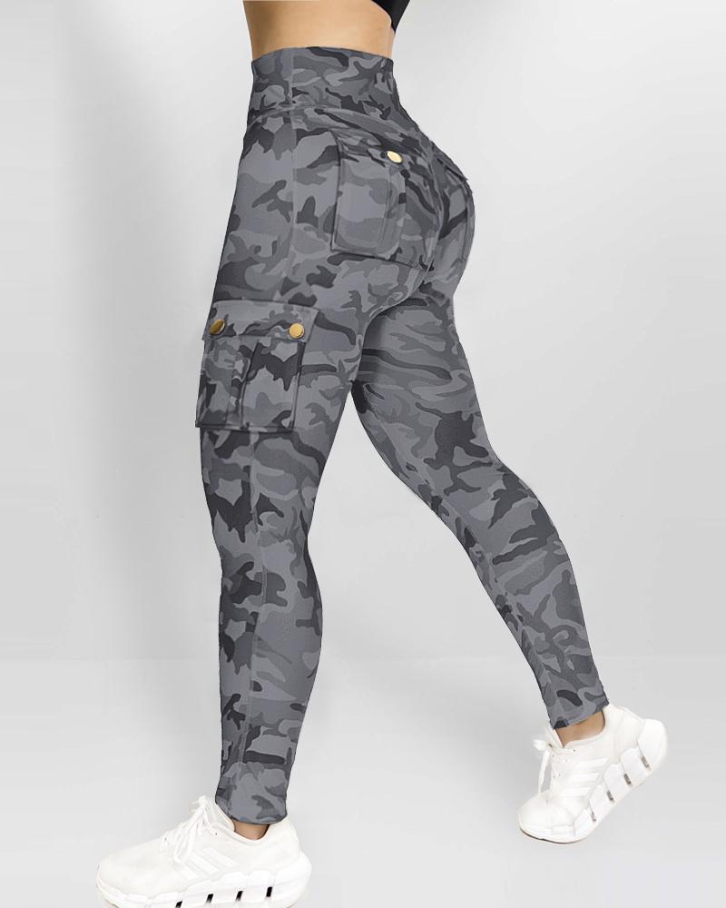 

Leggings skinny com estampa camuflada, cintura alta e botões, com bolso, calças casuais, Gray