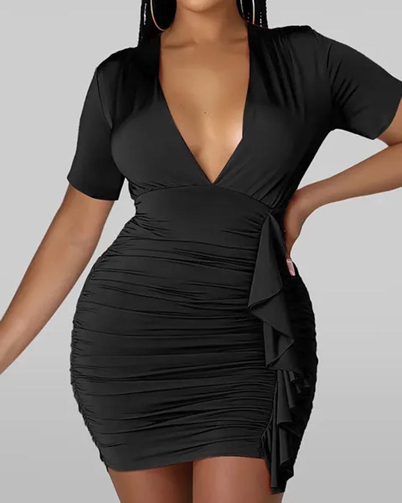 

Plunging Neck Draped Detail Ruched Bodycon Dress, Black