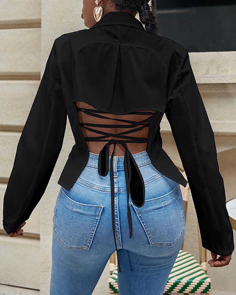 

Lace-up Backless Lapel Collar Blazer, Black