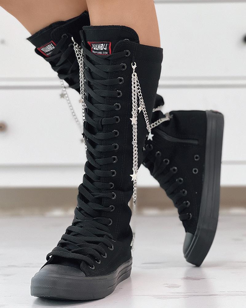 

Chain Decor Eyelet Lace-up Canvas Boots, Black