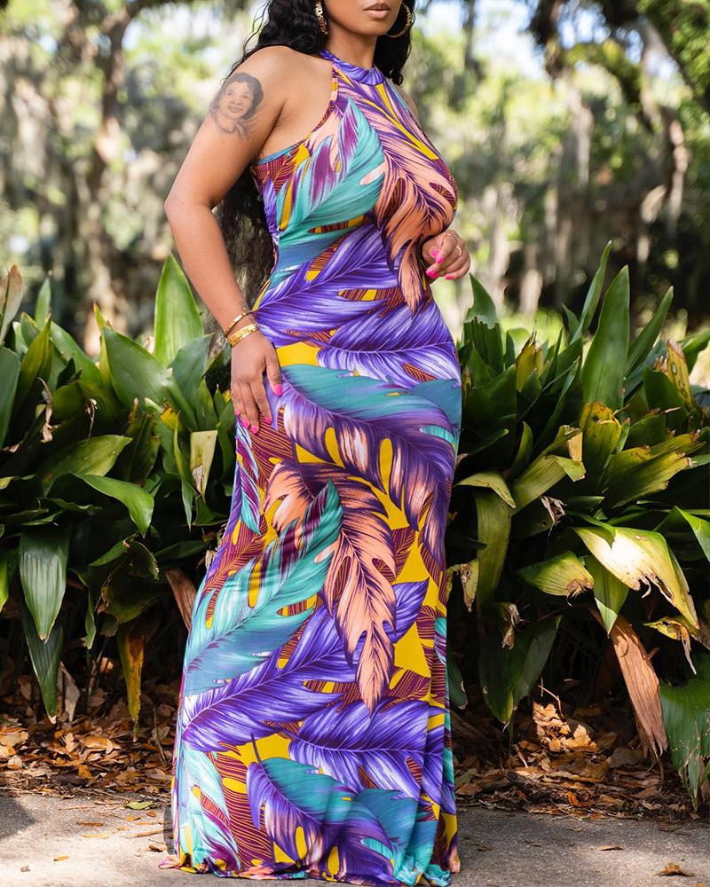 Tropical Print Cutout Back Sleeveless Maxi Dress