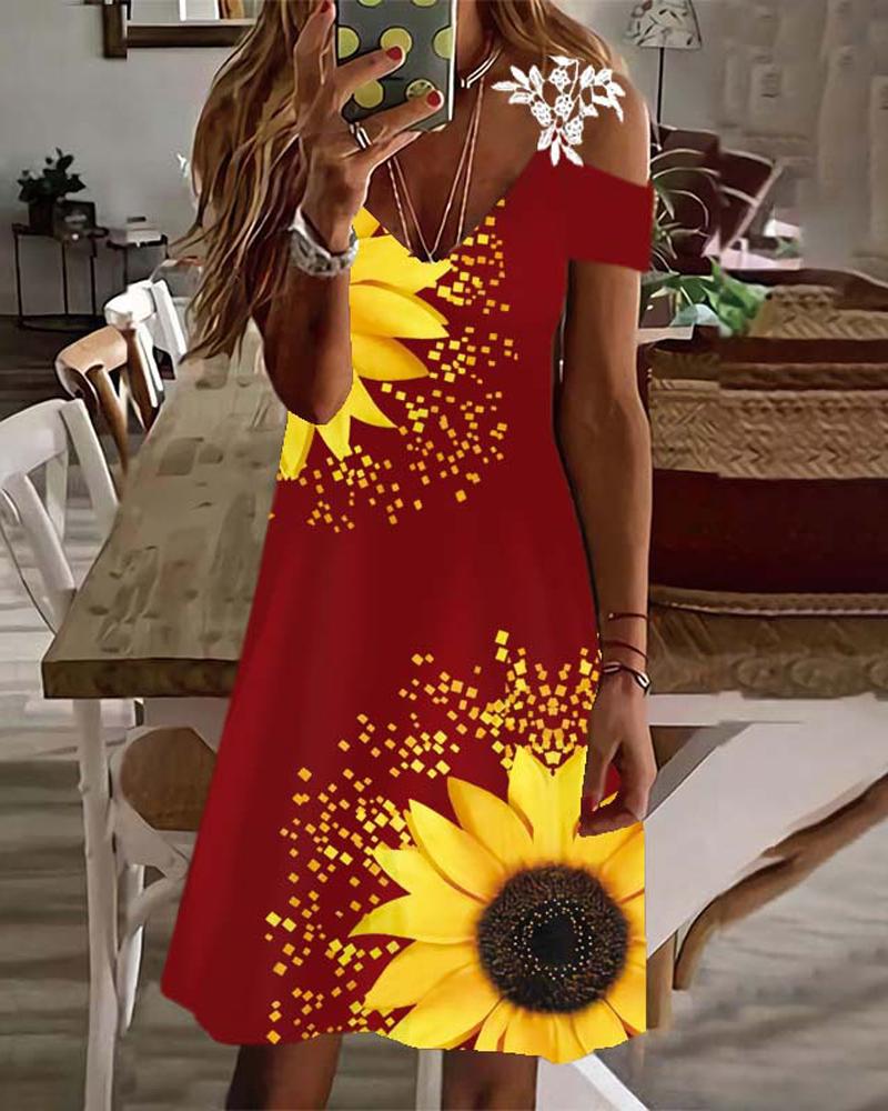 

Sunflower Print Contrast Lace Cold Shoulder Casual Dress, Wine red