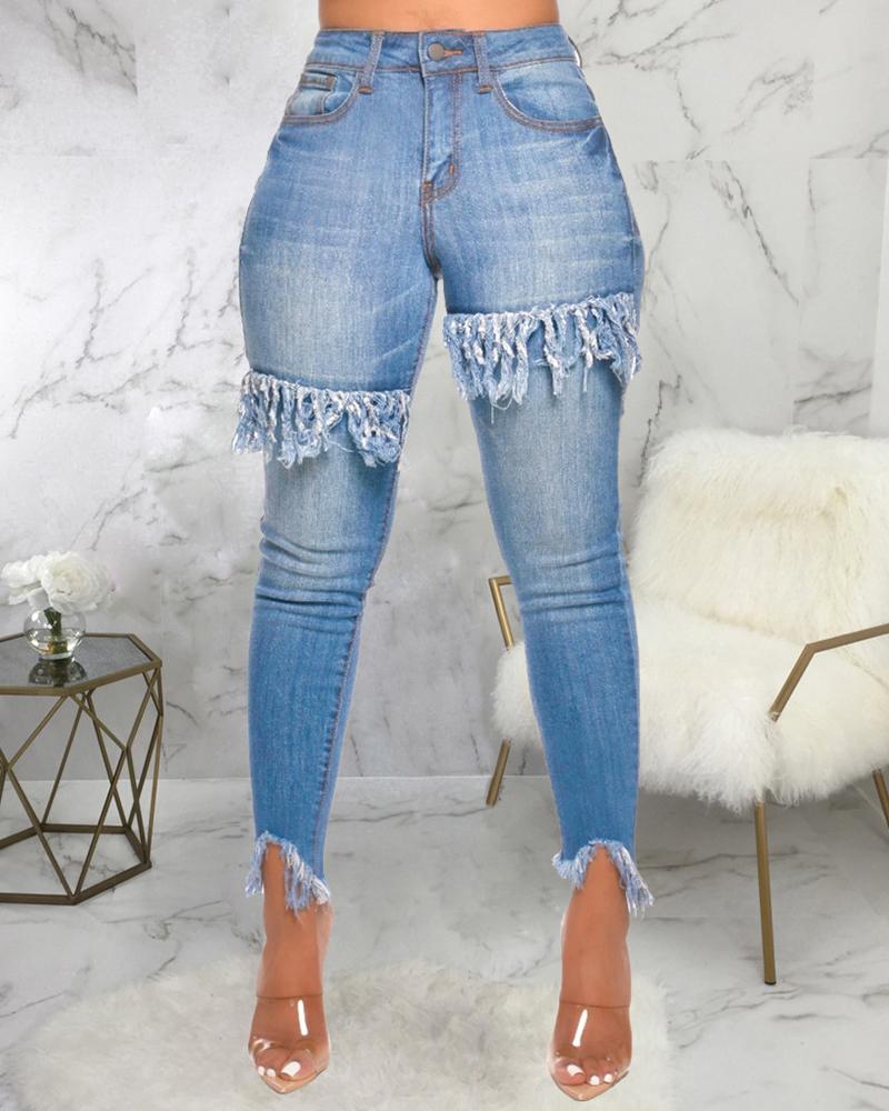 

Zipper Fly Slant Pocket Fringe Detail Raw Hem Skinny Jeans, Lighted blue