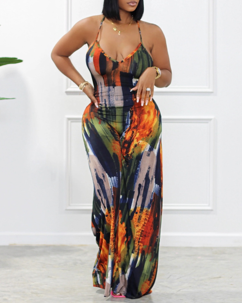 

Tie Dye Print Backless Lace-up Wide Leg Jumpsuit, Orange