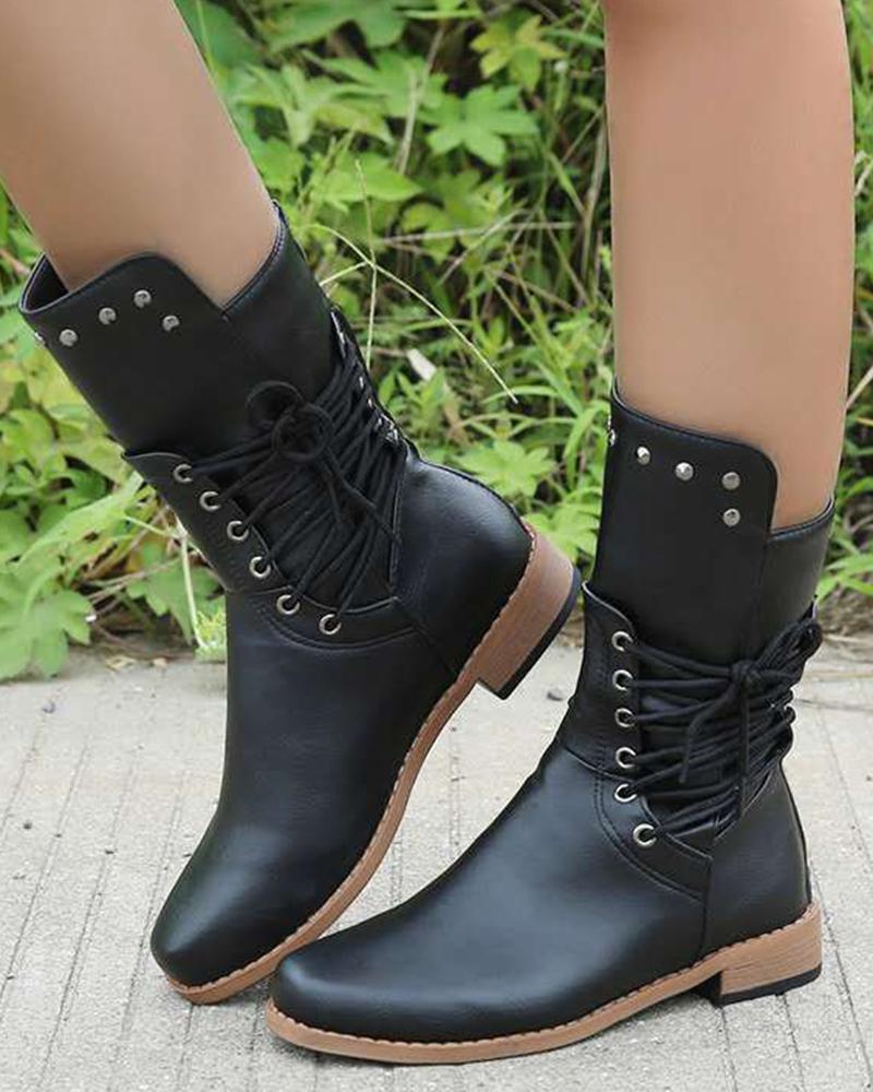 

Eyelet Lace-up Studded Cowboy Boots, Black