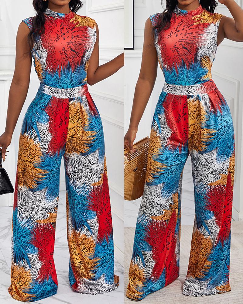 

Graphic Print Wide Leg Jumpsuit, Multicolor