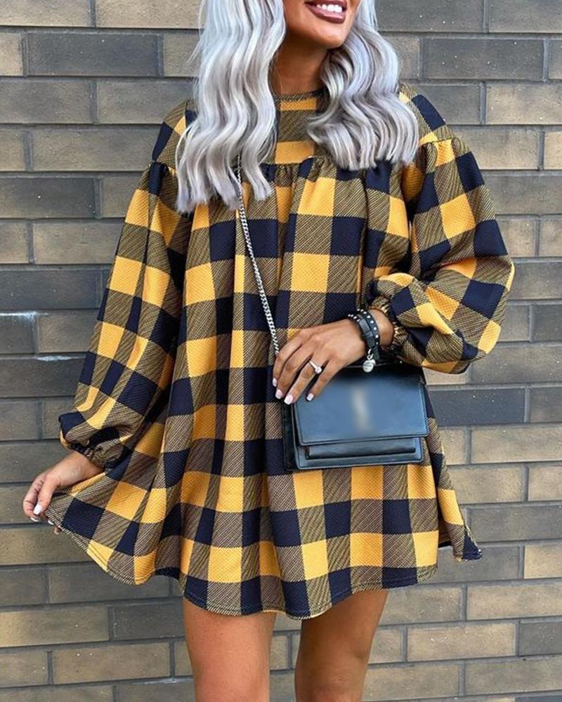 

Plaid Print Lantern Sleeve Casual Dress, Yellow