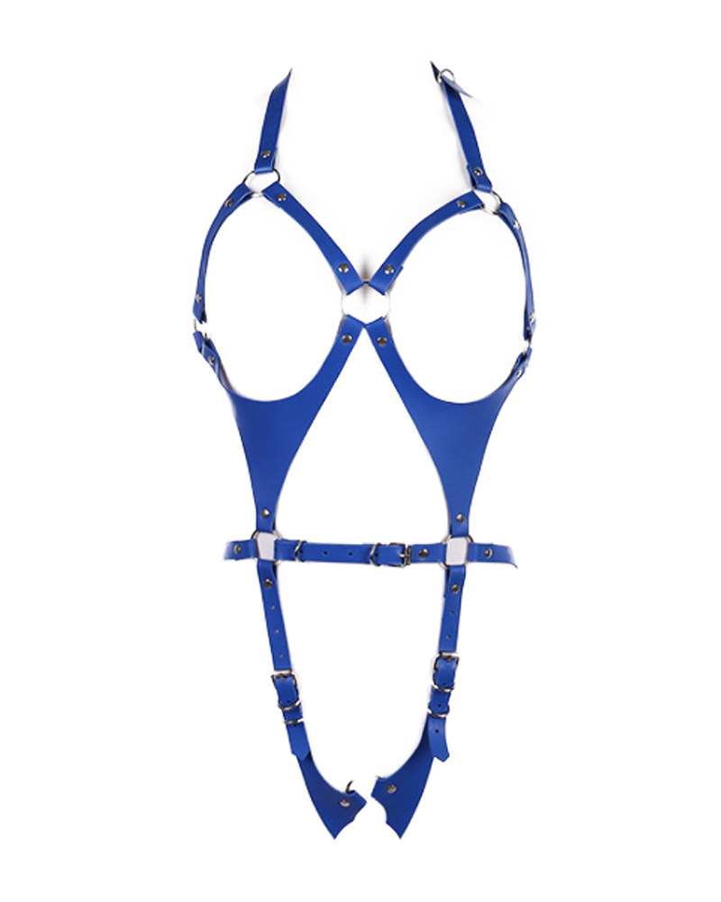 

O-Ring PU Leather Buckle Strap Full Body Harness, Blue