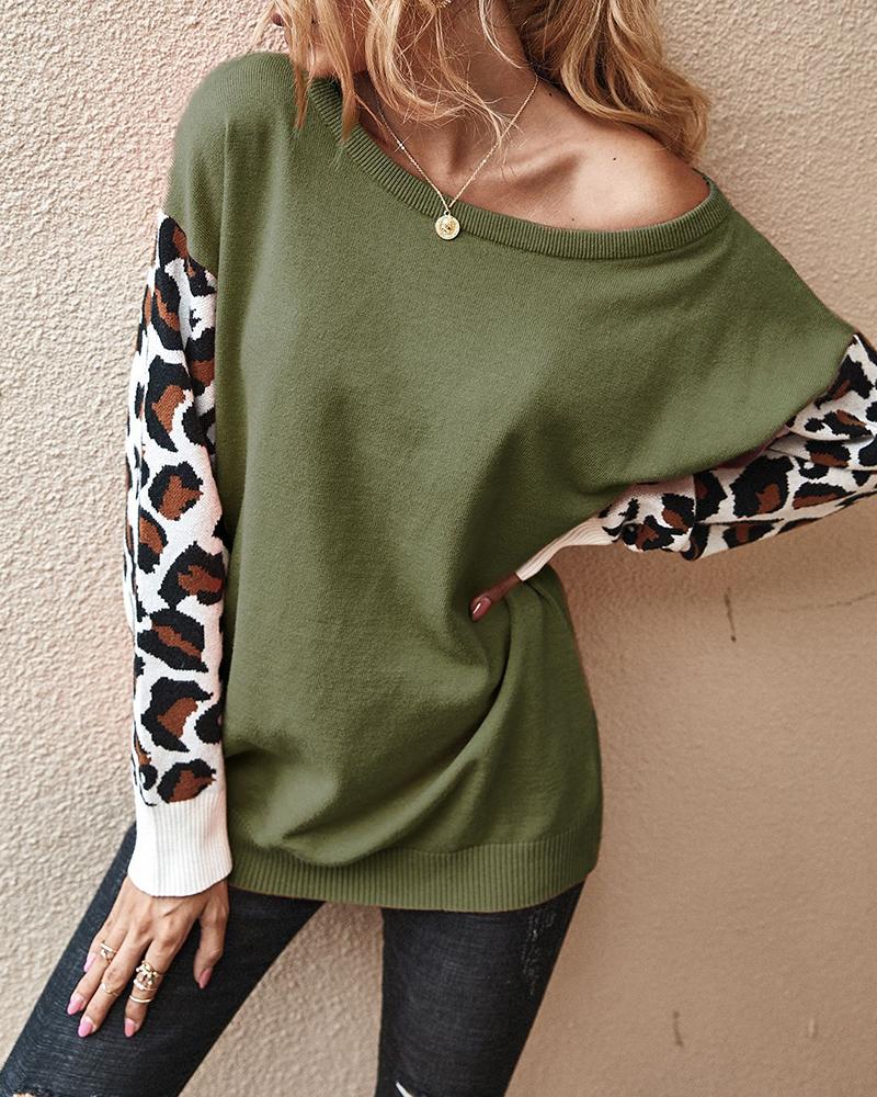 

Cheetah Print Colorblock Long Sleeve Casual Sweater, Green