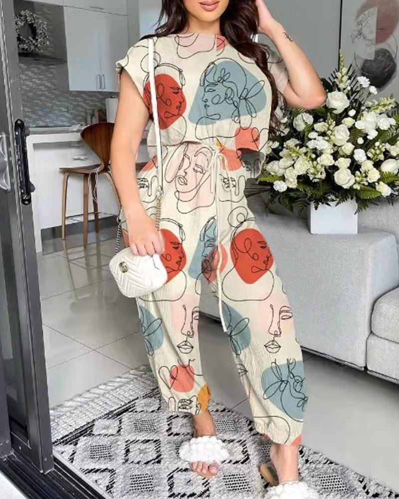 

Face Figure Print Long Straight Jumpsuit, Multicolor