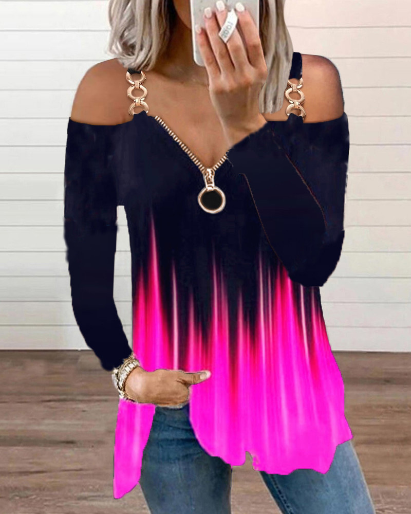 

Cold Shoulder Zipper Design O Ring Colorblock Top, Hot pink