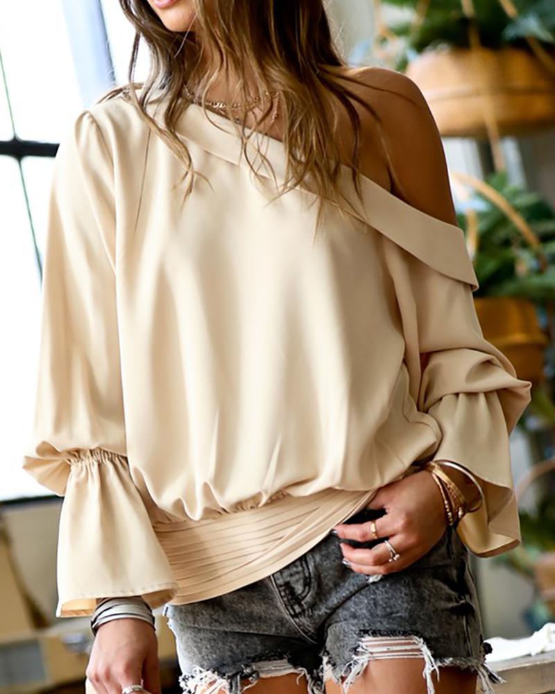 

One Shoulder Bell Sleeve Plain Blouse, Apricot