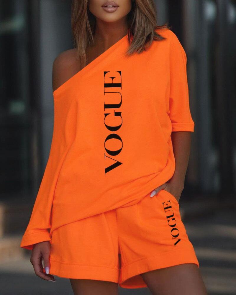 

Letter Print Casual Top & Shorts Set, Orange