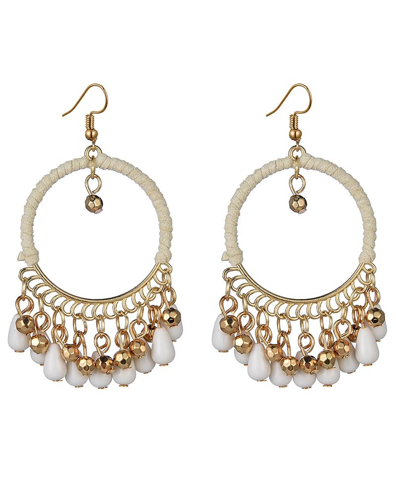 

1Pair Clan Boho O-Ring Beaded Waterdrop Pendant Hoop Earrings, White