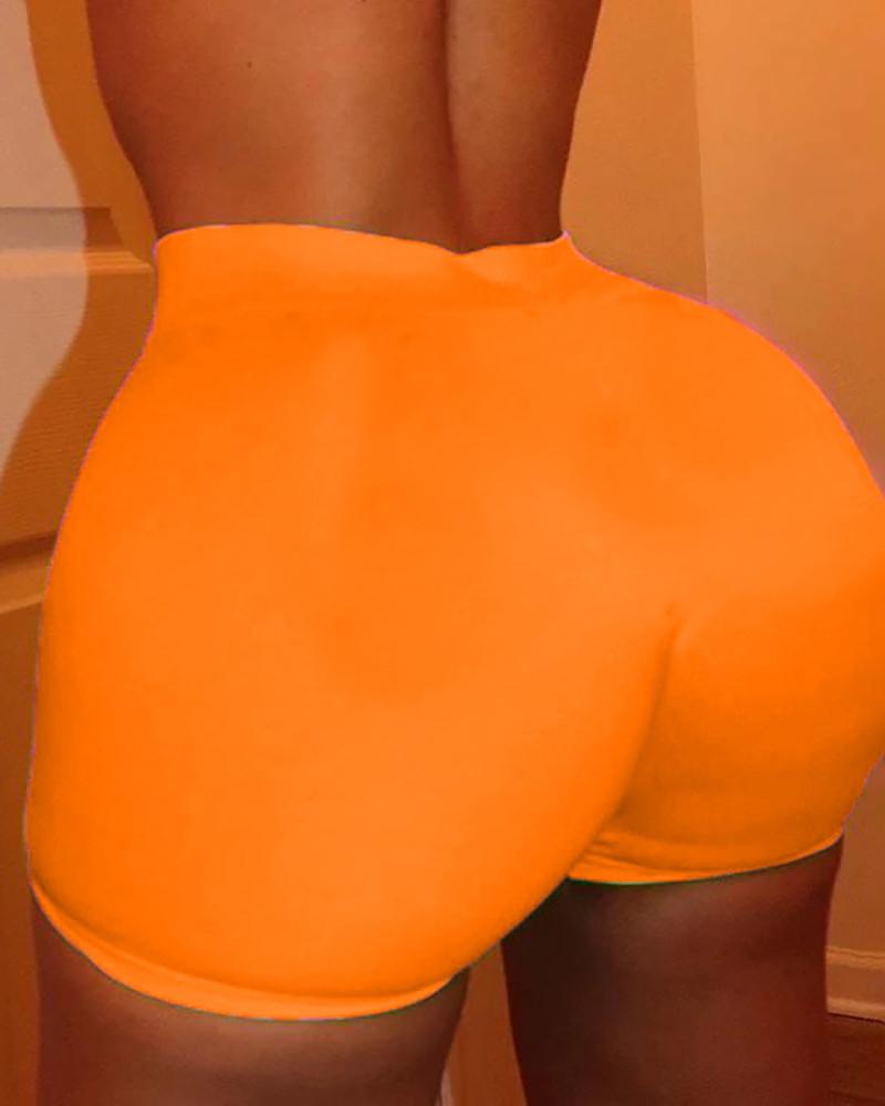 

Solid High Waist Fitted Casual Shorts, Orange