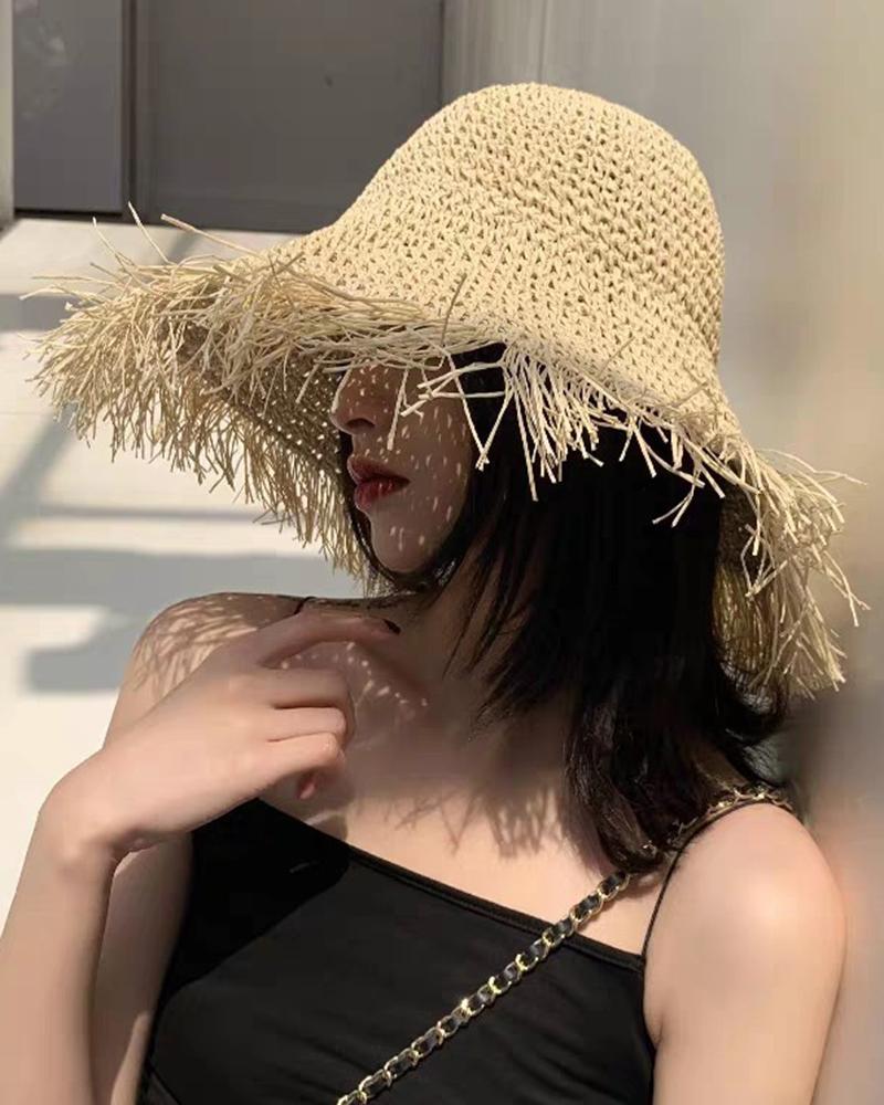 

Raw Hem Wide Brim Straw Hat, Beige