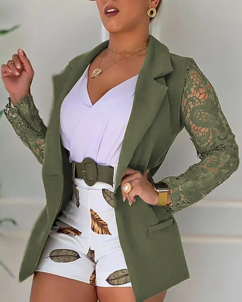 

Contrast Lace Long Sleeve Lapel Collar Blazer, Green