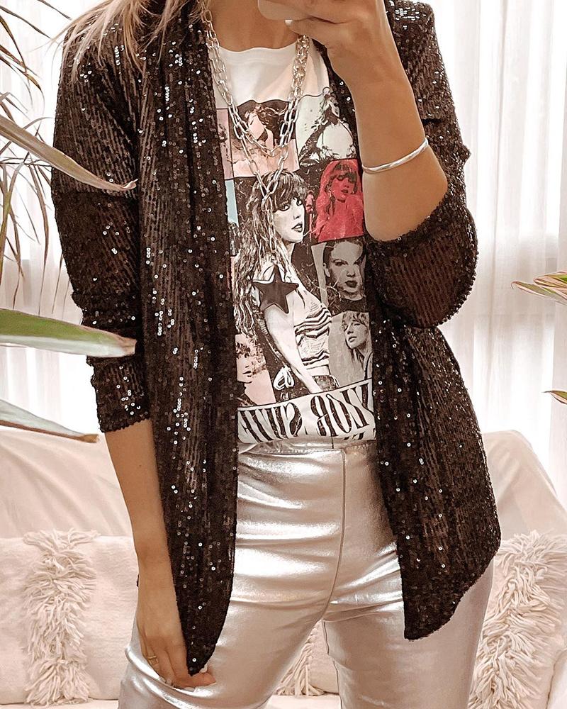 

Allover Sequin Open Front Long Sleeve Blazer Coat, Black