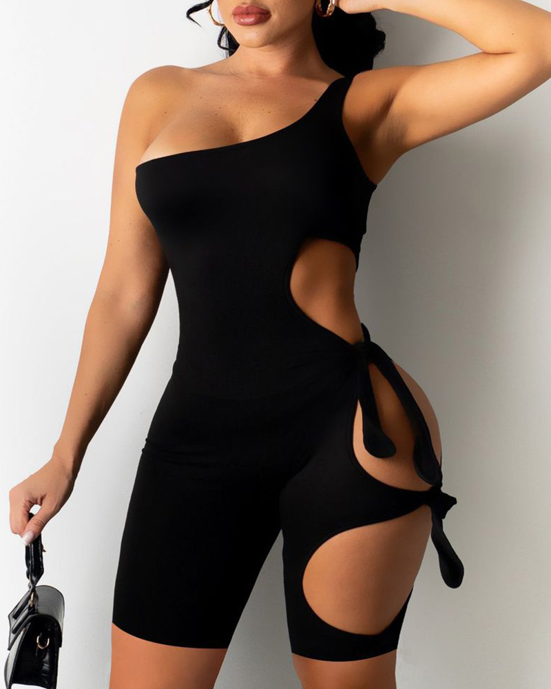 

One Shoulder Tied Detail Cutout Skinny Romper, Black