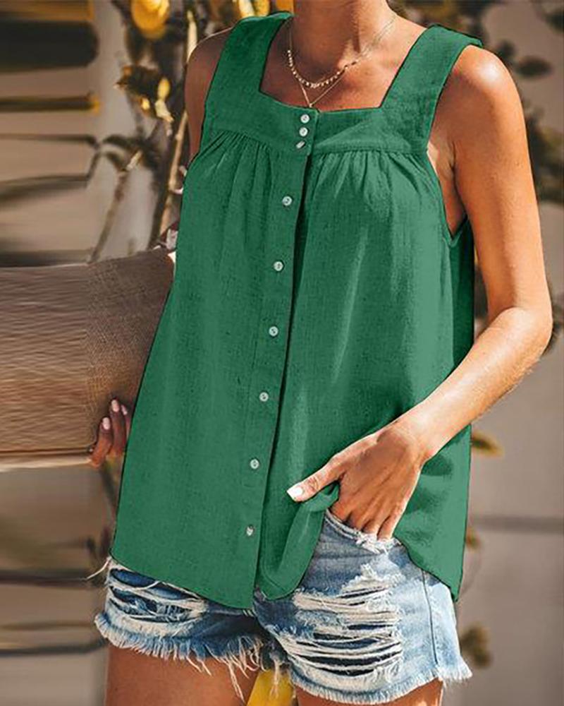 

Button Design Square Neck Casual Tank Top, Green