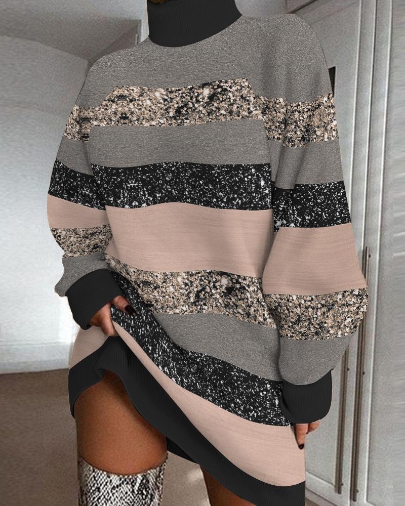 

Colorblock Striped Print High Neck Casual Dress, Multicolor
