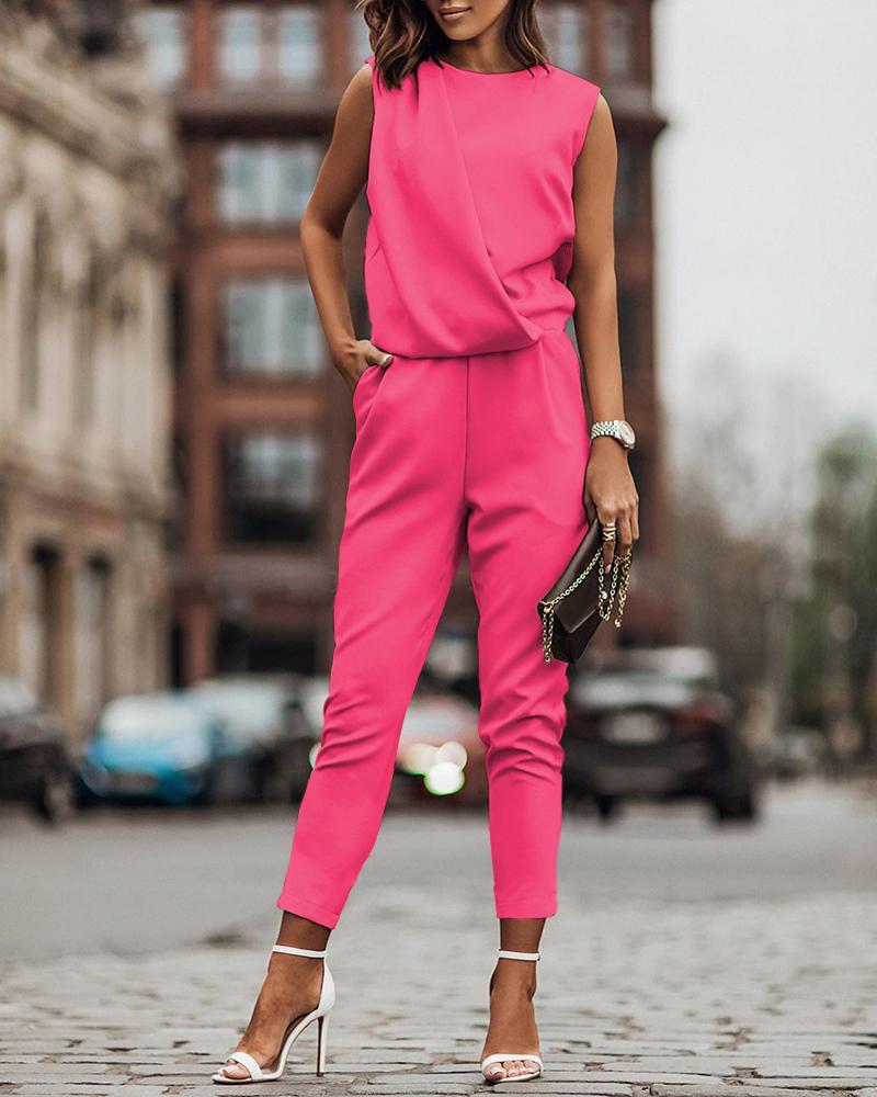 

Sleeveless Pocket Decor Casual Jumpsuit, Rose red