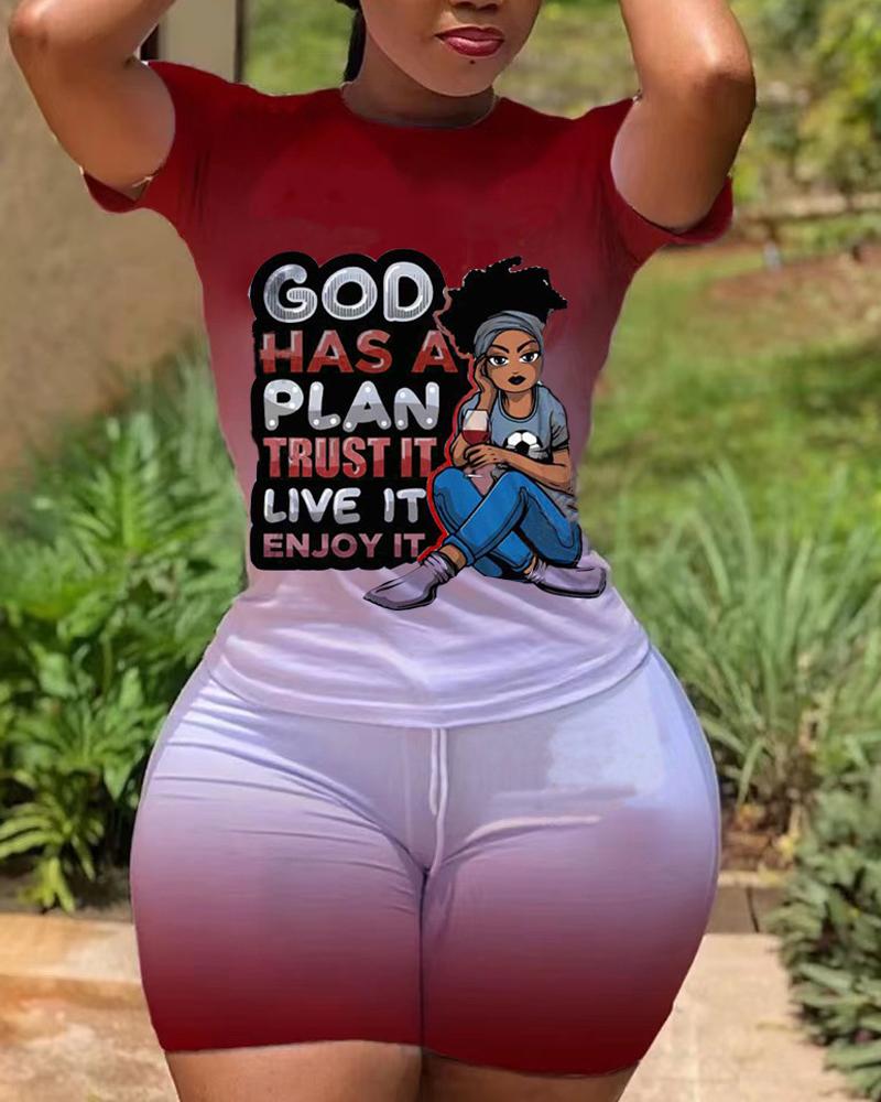 

Plus Size Letter Figure Print Top & Drawstring Shorts Set, Red