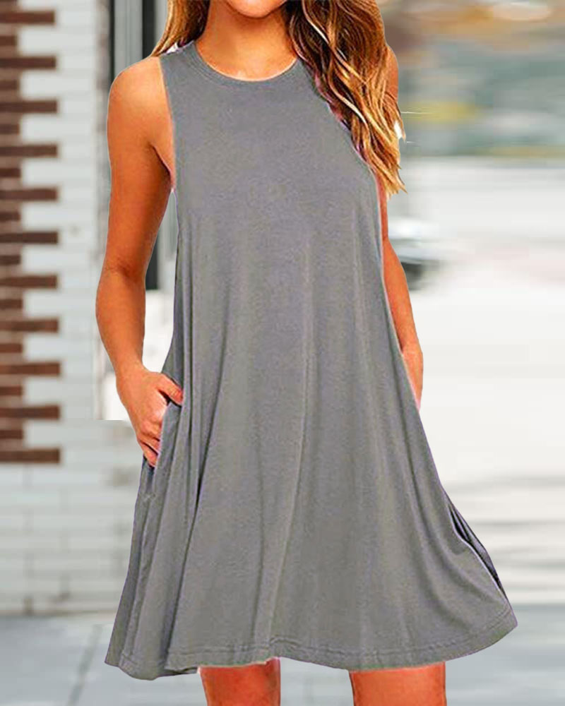 

Pocket Detail Casual Tank Dress, Gray