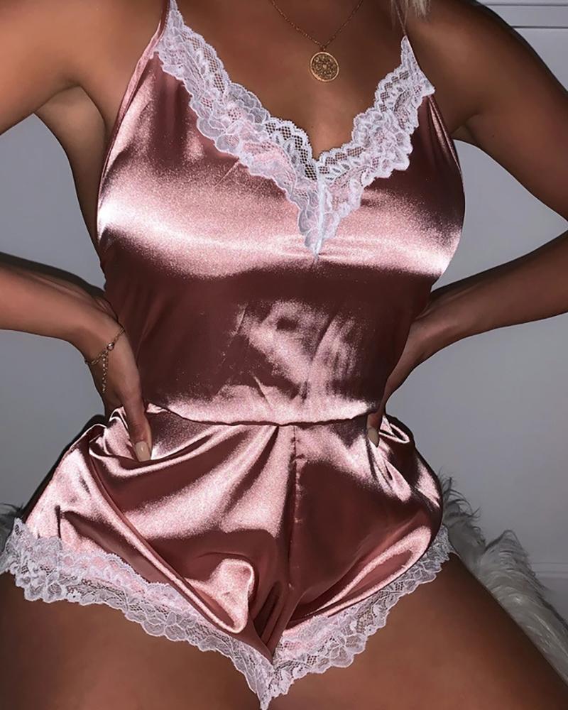 

Lace Trim Satin Lounge Romper, Pink