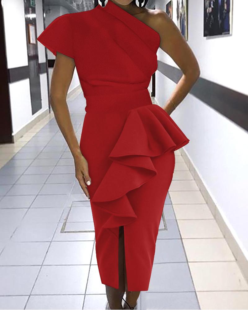 

Solid One Shoulder Ruffle Hem Asymmetrical Party Dress, Red