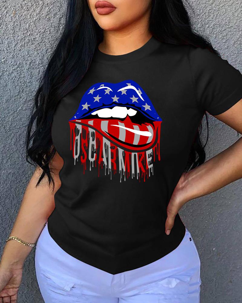 

Lip / Letter Print O Neck Short Sleeve T-Shirt, Black